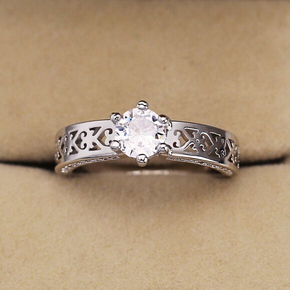 🍁 Diamond Anillo Flower Carved CZ Filled Silver Vintage Ring for Women, VIP582 - Picture 3 of 7